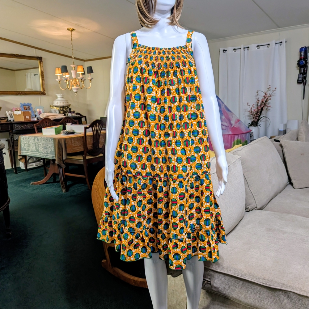 Bohemian Sundress Yellow Geometric Print Sleeveless Smocked Top Tiered Hem S/M